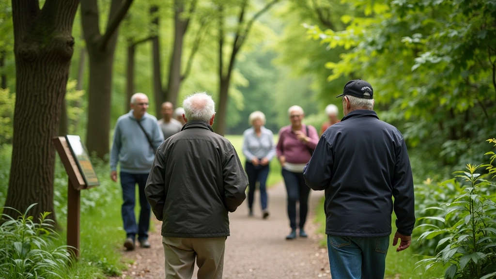 Vadīta tūre muižas parkā, seniori pastaigas ceļā, informācijas tāfeles un dabas paskaidrojumi